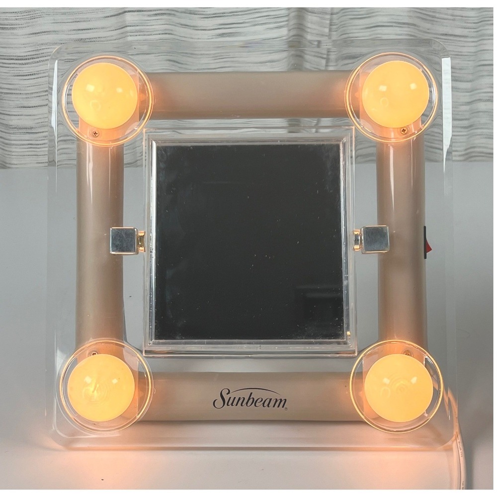 Vintage Sunbeam Lighted Makeup Mirror Clear Acrylic Hollywood Style Vanity Tan